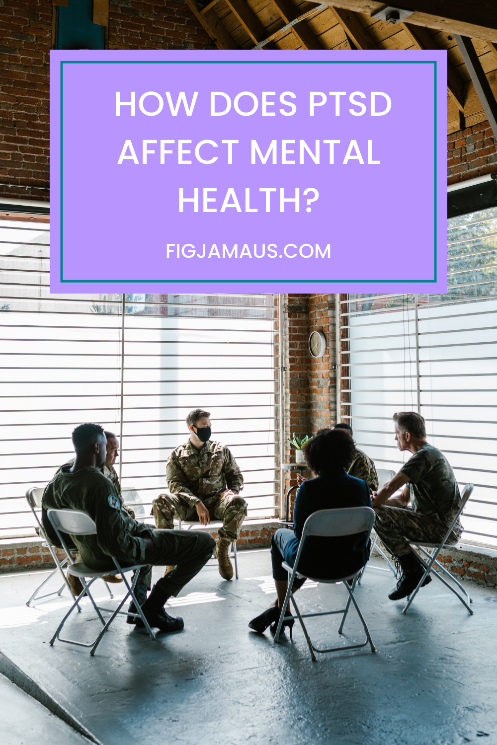 Blog post title page displaying a therapy group and a title of "How does PTSD affect mental health?"